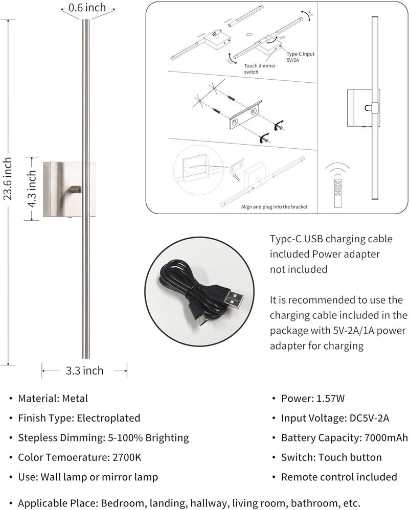 KDG Cordless Wall Sconces Set of 2, Wireless 5200mAh Rechargeable Battery Operated LED Wall Lamps with Remote, 360° Rotate Lightings for Wall Painting, Bedroom, Hallway, Night Light 23.6 inch (Nickel) - Image 4